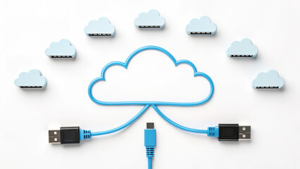 Cloud connect network cable memory concept with blue USB cables shaped as cloud and small cloud icons