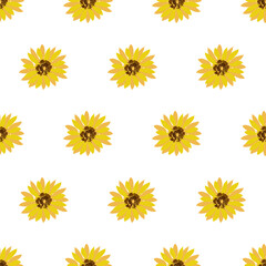 Vector seamless pattern with bright yellow sunflowers on a white background. The simple and cheerful design creates a sunny and fresh mood.