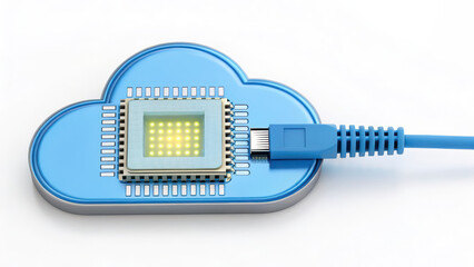 Cloud shaped device with memory chip connected by blue network cable symbolizing cloud connect technology