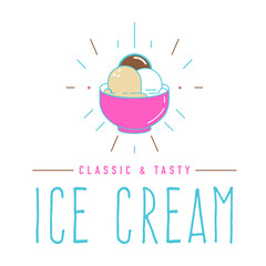 Ice cream banner in stroke doodle style. Sweet cold dessert social media advertising. Retro brand post with text. Branding for cafe or shop. Flat vintage Vector illustration.