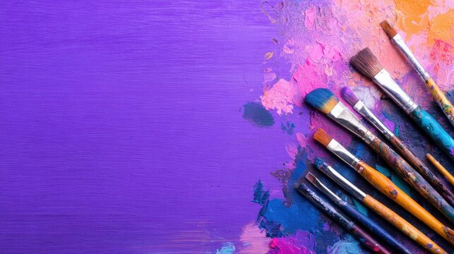 Colorful paintbrushes arranged on a vibrant purple background, showcasing artistic tools for creativity