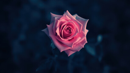 Close up of a pink rose with delicate petals against a blurred dark blue background showing the flower in full bloom and its intricate details