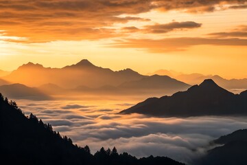 Fototapeta premium Mountain Peaks Rising above Cloud Sea at Sunrise – Majestic Nature Landscape with Golden Sky 