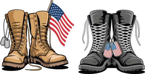 Pair of military combat boots with american flag and dog tags