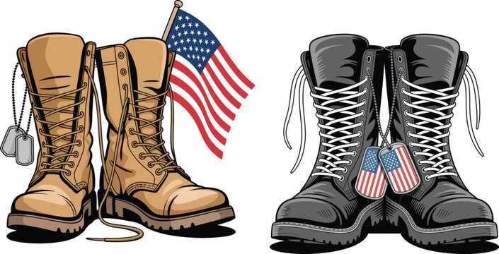 Pair of military combat boots with american flag and dog tags