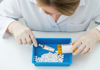 Pharmacist Counting Pills on Tray, a medical professional dispenses prescription medicine in a pharmacy