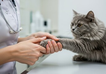 Veterinarian Hands Examining Cat Paw, a professional vet checks a pet's health in a clinic, a close-up of animal care