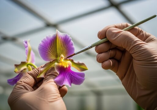 Botanist Pollinating Rare Orchid Flower, a scientist uses a brush for plant science research in a greenhouse