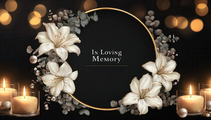 Elegant white lilies and candles in various funeral announcement templates with bokeh lights.