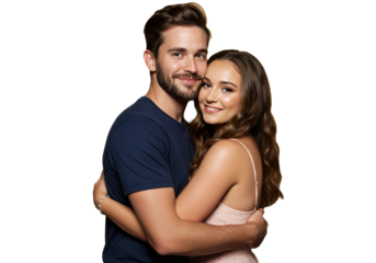 A couple giving each other a side hug on transparent background