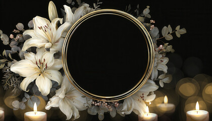 Elegant white lilies and candles in various funeral announcement templates with bokeh lights.