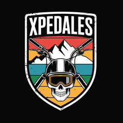 Skull with goggles and handlebars emblem featuring mountains and retro stripes