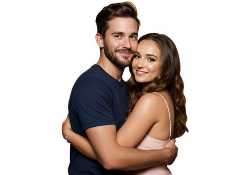 A couple giving each other a side hug on transparent background