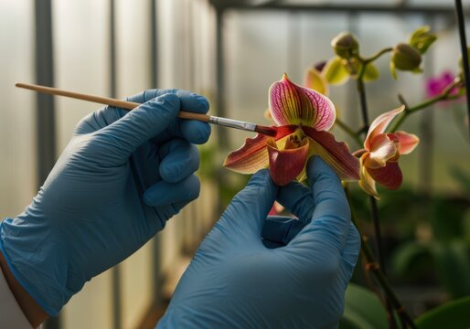 Botanist Pollinating Rare Orchid Flower, a scientist uses a brush for plant science research in a greenhouse
