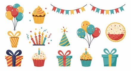 Vibrant Birthday Party Icons: Colorful Cupcakes, Balloons, Gifts, and Festive Decorations