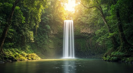 Sunlit Waterfall in Lush Tropical Rainforest