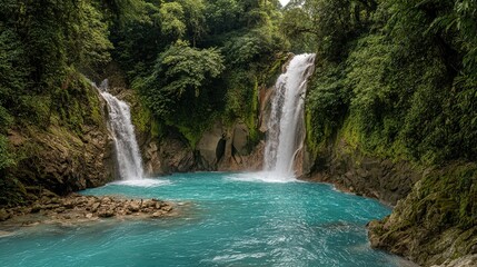 Twin waterfalls flow into a turquoise pool, surrounded by lush rainforest. Nature's serene beauty in a tropical paradise.