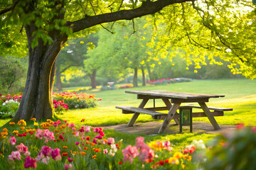 Peaceful Springtime Park with Wooden Bench and Colorful Flowers