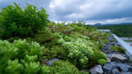 Green living roof with close-up on vegetation texture for sustainable architecture.