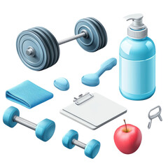Gym Essentials Dumbbells Towel Soap Apple and Fitness Tools for a Healthy on transparent background