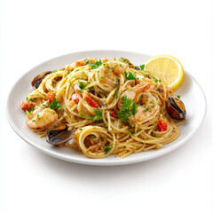 Full view of a seafood spaghetti plate, on a plain white background