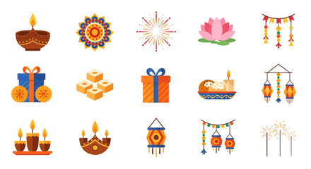 Diwali Indian Festival Celebration Icon Set