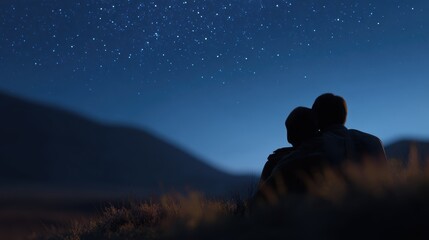 A couple stargazing at night in a remote area, romantic, quiet, clear sky
