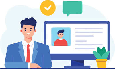 Smiling man in blue suit with red tie near computer screen and green plant vector