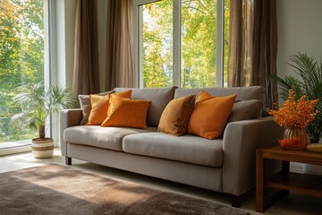 Cozy living room with orange cushions and large windows overlooking a garden