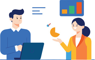 Business professionals discussing data analysis with charts and laptop meeting planning