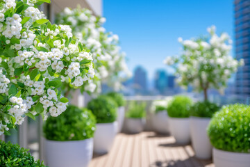 Obraz premium Flourishing white flowers and lush greenery enhance balcony space. Scenic view of city skyline creates peaceful urban oasis. Concept of landscaping, outdoor living, home decor