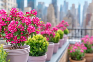 Bright pink flowers flourish in terracotta pots on rooftop garden overlooking bustling cityscape. Urban setting promotes concepts of gardening, city living, nature appreciation