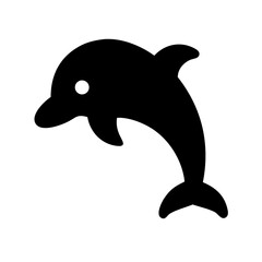 Naklejka premium Minimalist black silhouette vector icon of a jumping dolphin, symbolizing marine life, sea creatures, and underwater world. Isolated on a transparent background