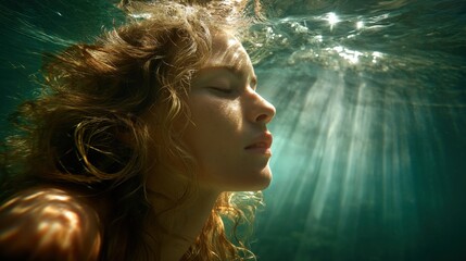 Peaceful young woman floating underwater, sun rays illuminating clear water