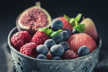 Yummy ice cream sorbet with berries and fruits.