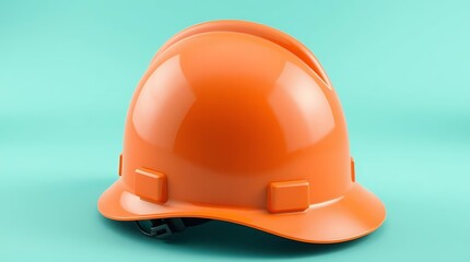 Fototapeta premium Vivid orange safety helmet on light turquoise backdrop studio shot