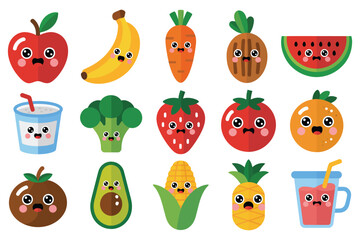 Adorable Kawaii Fruits and Vegetables Cute Cartoon Food Icons