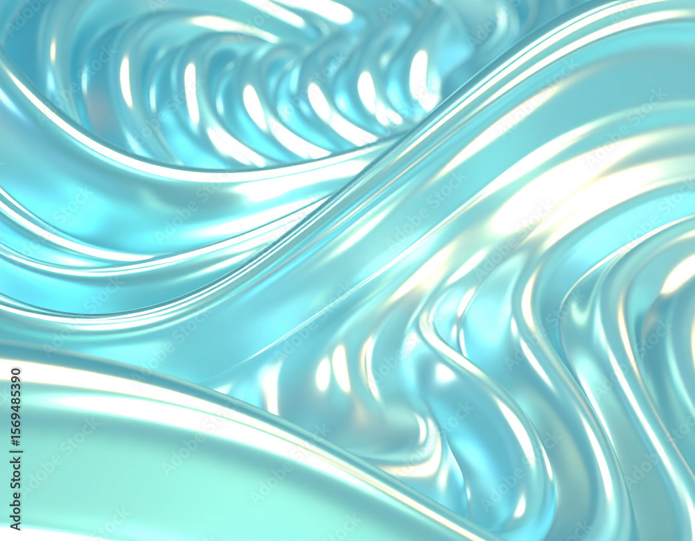 Fototapete abstract rendering of flowing, wavy, light blue, iridescent material with highlights and shadows cre