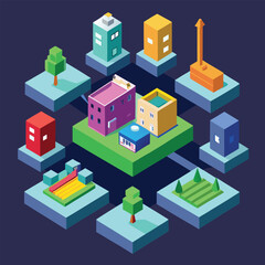 Isometric city illustration depicting a vibrant and modern urban landscape with buildings and green spaces