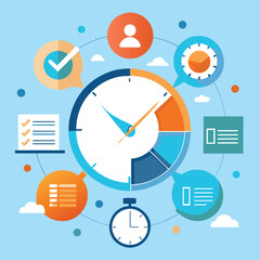 Illustrative abstract clock and associated elements representing time management and organizational planning