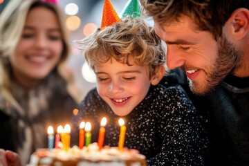 Joyful birthday celebration with family and friends around a lit candle cake