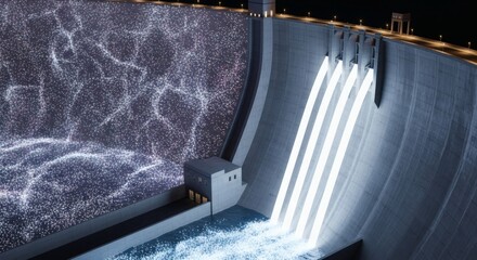Conceptual Visualization of a Modern Hydroelectric Dam Illuminating the Night with Dynamic Energy Flow and Sustainable Power Generation