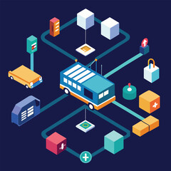 Obraz premium Isometric depiction of a connected healthcare system, depicting data flow and related elements on a dark blue background.