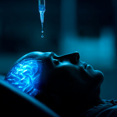 Neurological image of a man's head with brain highlighted in blue