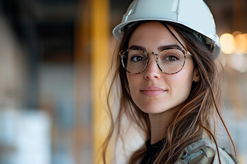 Portrait of a young female construction worker wearing safety helmet and glasses