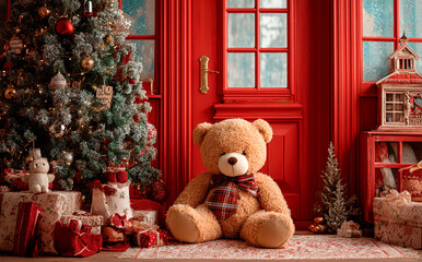 Cute teddy bear sitting on the floor beside a decorated Christmas tree and window. Cozy holiday scene with warm light, ideal for festive cards, banners, and seasonal designs.