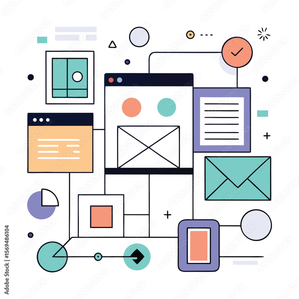 Poster modern abstract illustration depicting web interface elements email icon and data flow diagram in a 