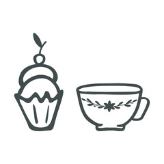 Tea or coffee cup, cupcake outline icon, Clip art set. Doodle hand drawn texture decorative stroke line, black ink sketch contour, cartoon flat design. Isolated elements. Vector illustration