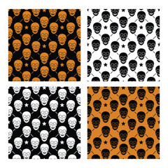 Halloween seamless patterns vector of skulls in orange, black and white background  
