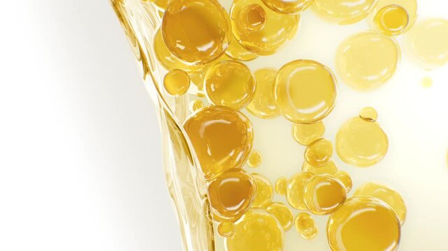 A liquid filled with vitamins and collagen. Bubbles of cosmetics and care float in the liquid